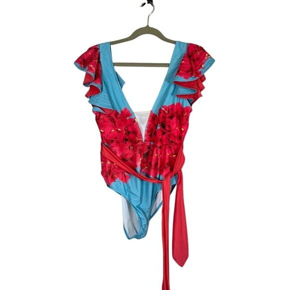 Floral Backless Bathing Suit XL Blue Flutter Feminine Chic Glam Preppy Dainty - Picture 2 of 15